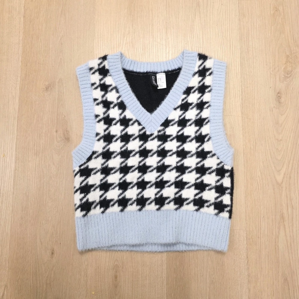 H&M Divided Black White Blue Houndstooth Preppy School Girl Sweater Vest Size XS